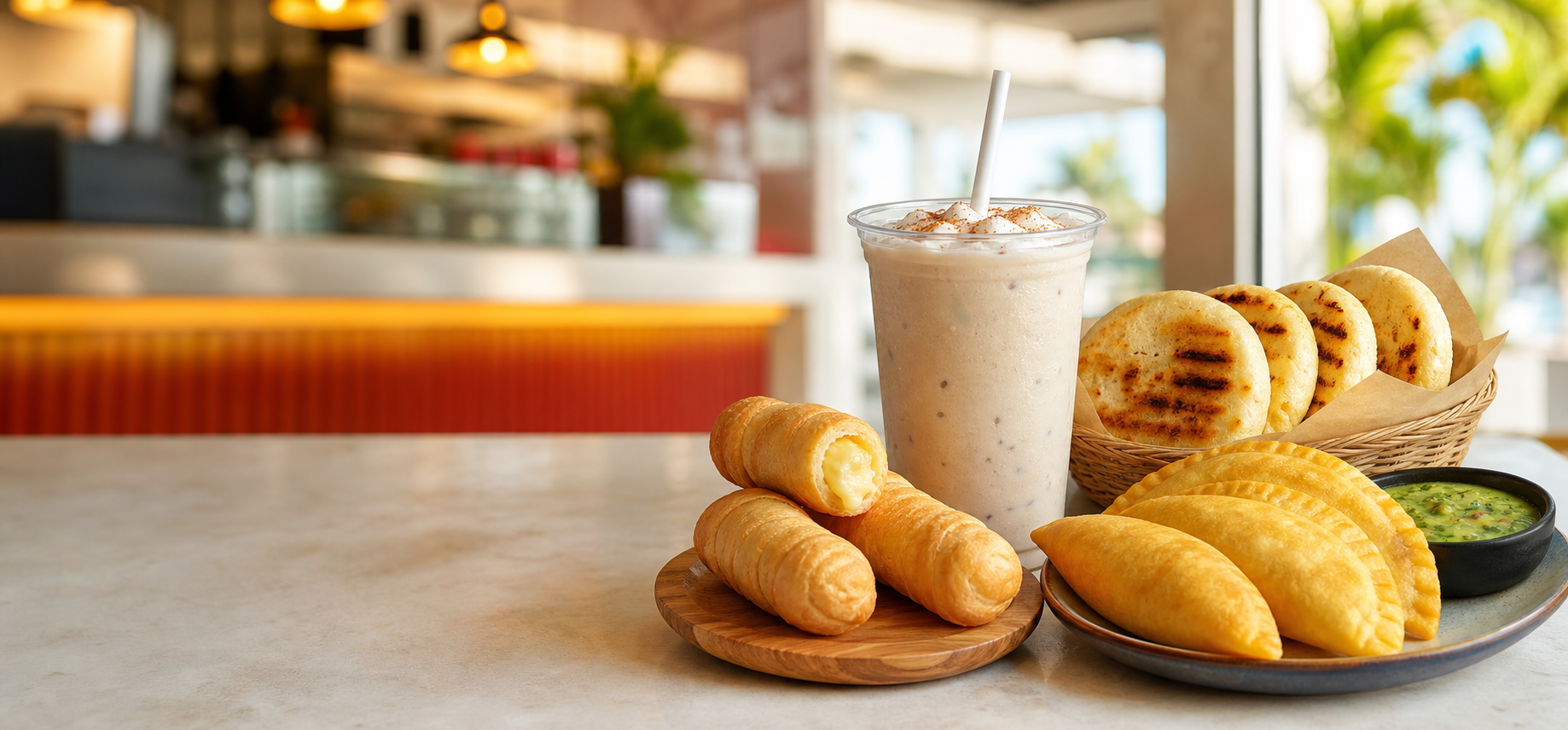 Bebida cremosa y comida venezolana como referencia visual para Creamy